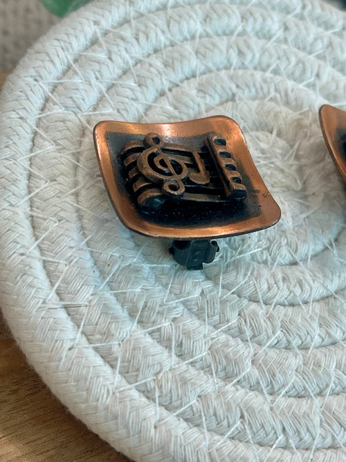 Vintage Handmade Copper Clip On Music Note Earrings