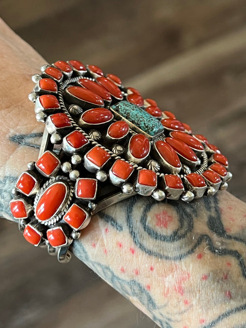 Navajo Sterling Silver, Mediterranean Coral and Spiderweb Kingman Turquoise Cuff Bracelet by Tyler Brown