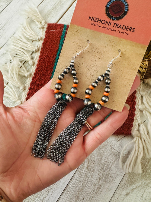 Navajo Orange Spiny & Sterling Silver Pearl Beaded Hoop Earrings