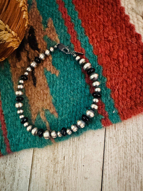 Navajo Black Onyx and Sterling Silver Pearl Beaded Bracelet