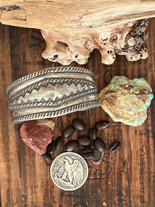 Hand Forged Old Pawn Sterling Silver Repousse Ingot Cuff Bracelet by Santa Fe Artist, Buffalo, The Monsoon