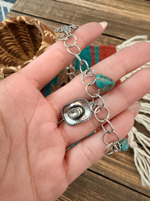 Handcrafted Old Pawn Sterling Silver & Turquoise Cowboy Charm Bracelet
