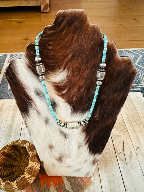 Navajo Turquoise & Hand Stamped Sterling Silver Pearl Beaded Necklace