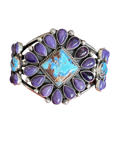 Handcrafted Sterling Silver, Charoite and Golden Hills Turquoise Cluster Cuff Bracelet by Tyler Brown /