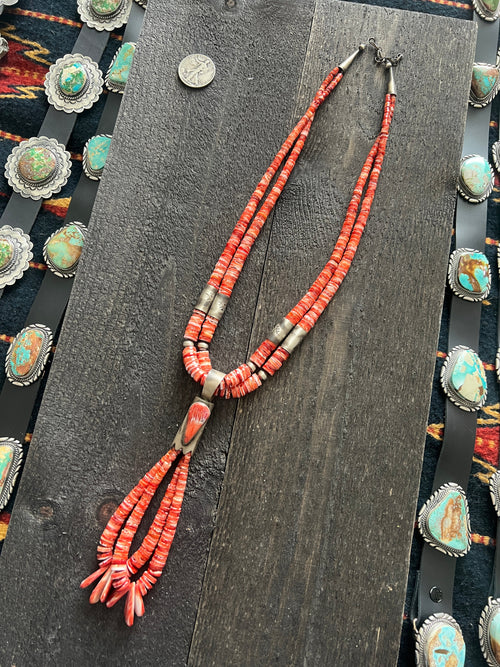Santo Domingo (Kewa) Sterling Silver and Red Spiny Oyster Shell Jacla Bead Necklace by Daniel Coriz