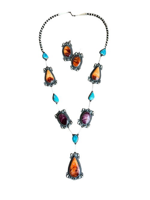 Handcrafted Sterling Silver, Spiny Oyster and Turquoise Link and Bead Necklace and Earrings Set by Derrick Gordon