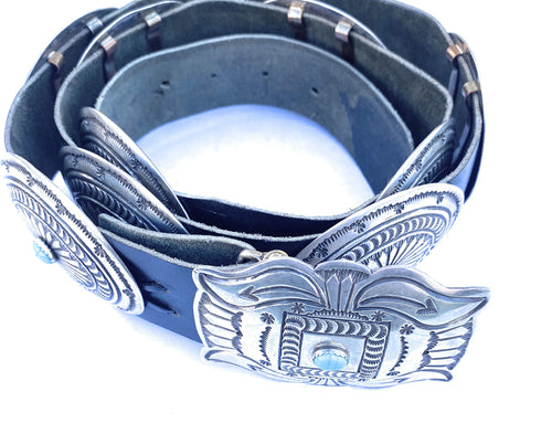 Handcrafted Vintage Black Leather And Sterling Silver Turquoise Concho Belt