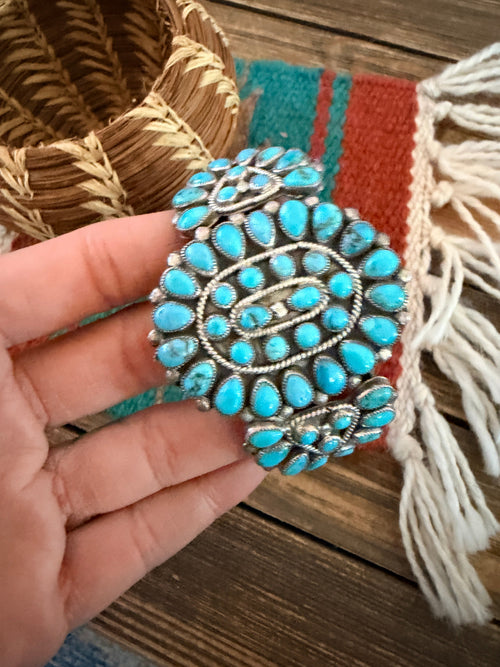 Handcrafted Old Pawn Sterling Silver & Turquoise Cluster Cuff Bracelet