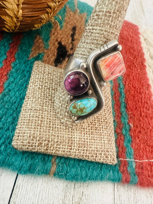 Handcrafted Old Pawn Sterling Silver, Turquoise, Spiny & Amethyst Adjustable Ring