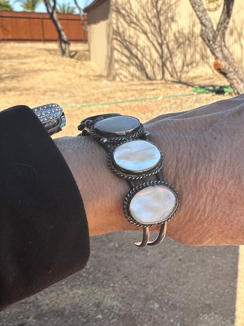 Old Pawn Sterling Silver & Mother of Pearl Cuff Bracelet /