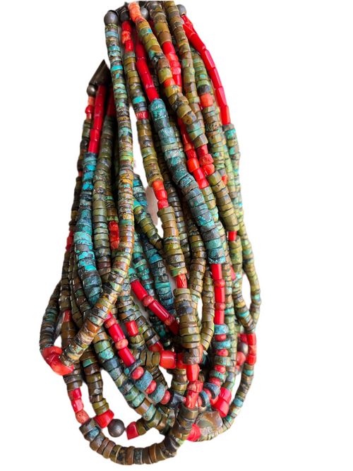 Navajo Hubei Turquoise Beaded Necklace with Sterling Silver and Bamboo Coral by Kirby Smith: 13 To Choose From!