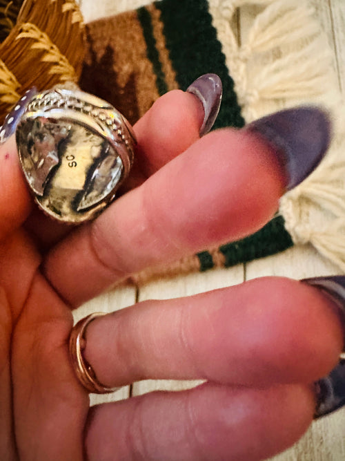 Old Pawn Handcrafted Turquoise, Coral & Sterling Silver Ring Size 9