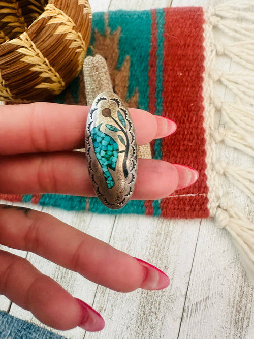 Old Pawn Navajo Sterling Silver, Turquoise & Coral Inlay Bird Ring Size 6