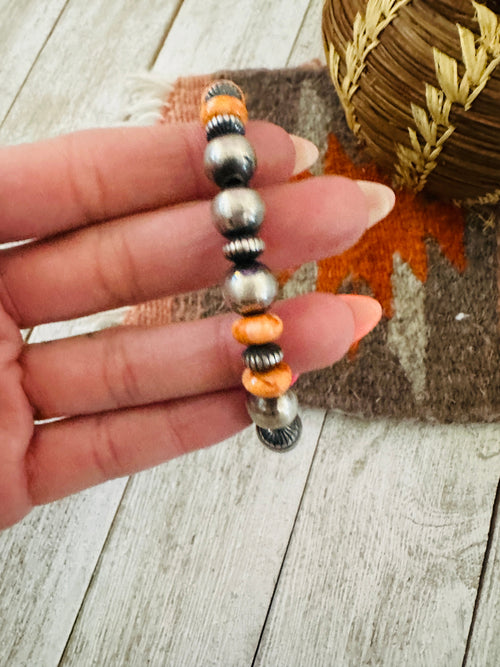 Navajo Orange Spiny & Sterling Silver Beaded Stretch Bracelet