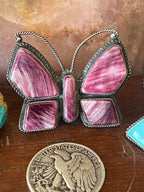 Old Pawn Navajo Sterling Silver and Purple Spiny Oyster Butterfly Ring by Anthony Skeets, Size 11