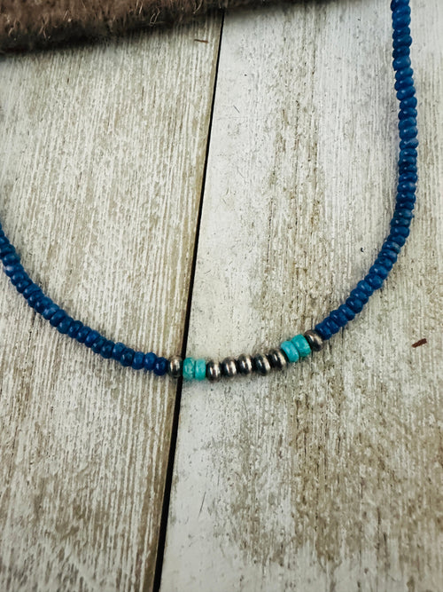 Navajo Lapis, Turquoise & Sterling Silver 16” Beaded Necklace