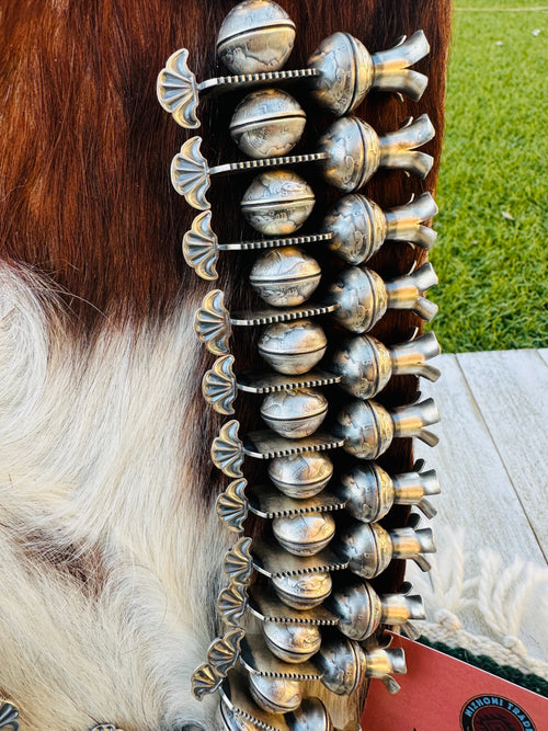 Handcrafted Turquoise & Sterling Silver Mercury Dime Beaded Squash Blossom Necklace and Earring Set by James McCabe