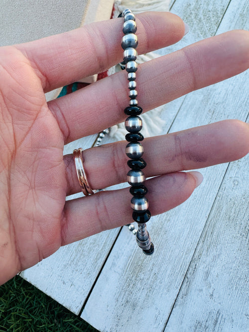 Handcrafted Sterling Silver Pearl & Onyx Beaded 16” Necklace