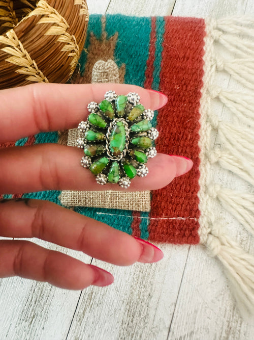 Old Pawn Navajo Sterling Silver & Green Turquoise Cluster Ring Size 9 by Leander Nez