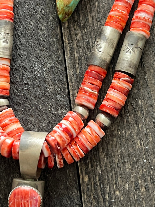 Santo Domingo (Kewa) Sterling Silver and Red Spiny Oyster Shell Jacla Bead Necklace by Daniel Coriz