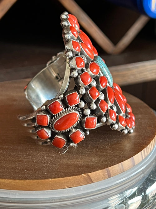 Navajo Sterling Silver, Mediterranean Coral and Spiderweb Kingman Turquoise Cuff Bracelet by Tyler Brown