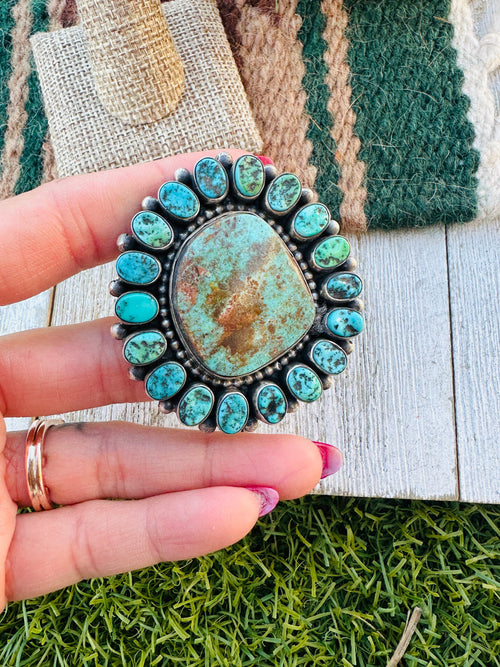 Old Pawn Handcrafted Turquoise & Sterling Silver Cluster Ring Size 7 by B. Yellowhorse