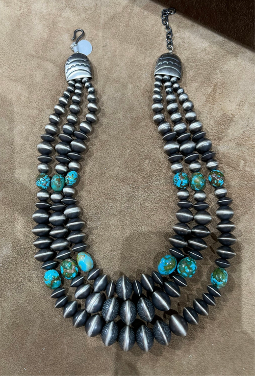 Handcrafted Rose Martin Sterling Silver & Kingman Turquoise Three Strand Necklace
