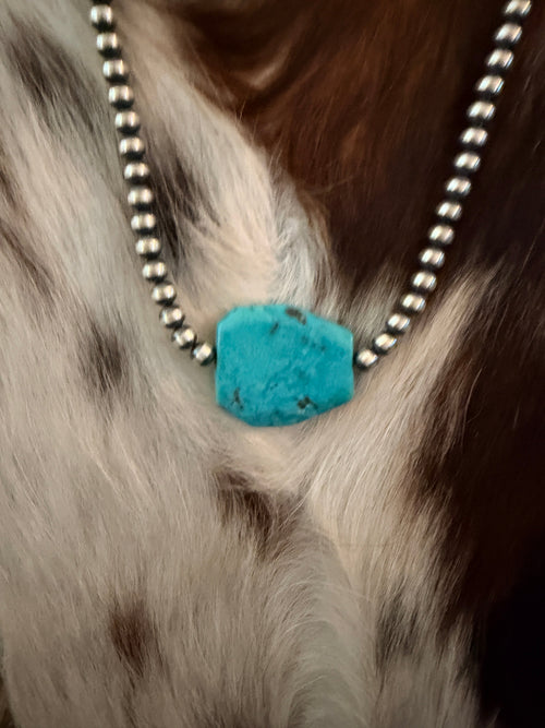 Handcrafted Kingman Turquoise & Sterling Silver Pearl 18” Beaded Necklace