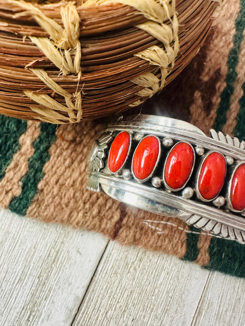 Old Pawn Navajo Coral & Sterling Silver Cuff Bracelet by Daniel Mike