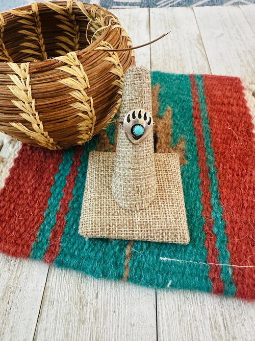 Old Pawn Navajo Sterling Silver & Turquoise Bear Paw Ring