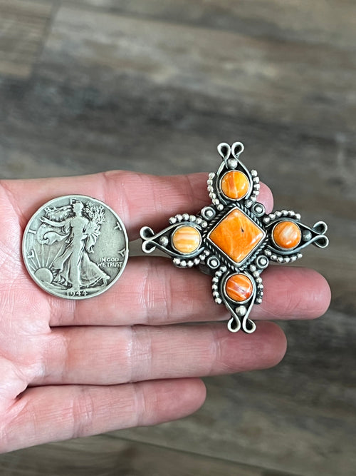 Apache Sterling Silver and Orange Spiny Oyster Shell 4 Direction Ring by Rosella Paxson, Size 10