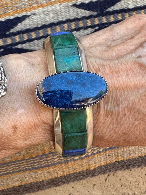 Old Pawn Lapis and Malachite Inlay Cuff by artists Michael and Causandra Dukepoo /