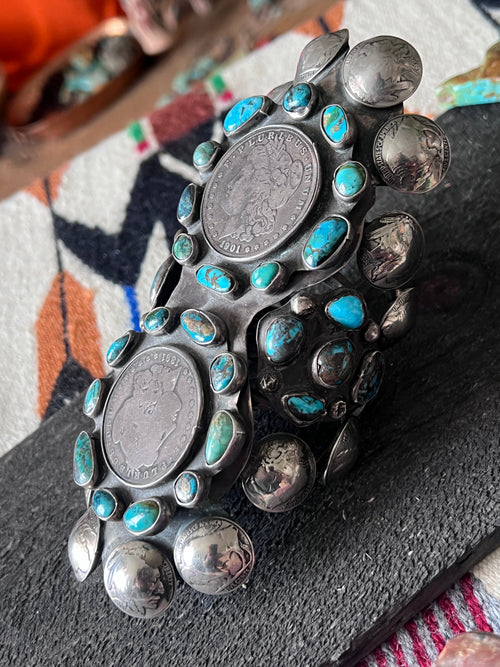 Insane Old Pawn Sterling Silver, Morgan Dollar, Buffalo Nickel and Turquoise Cuff Bracelet by Eric Drake