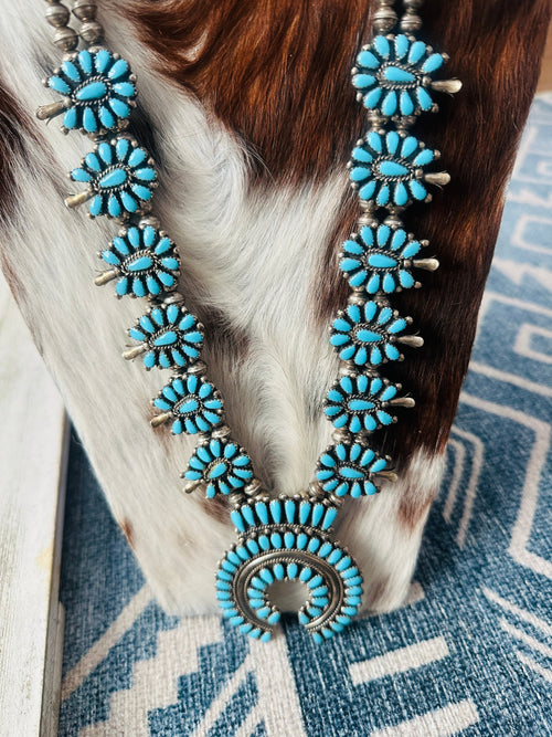 Vintage Old Pawn Navajo Turquoise & Sterling Silver Beaded Squash Blossom Necklace