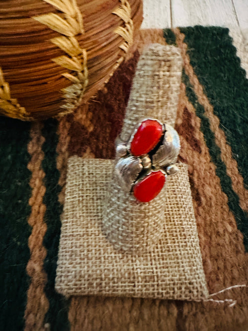 Old Pawn Handcrafted Coral & Sterling Silver Ring Size 8.5
