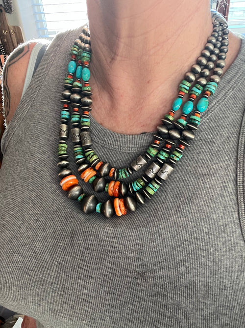 Navajo Handmade Triple Strand Sterling Silver, Spiny Oyster and Sonoran Mountain Bead Necklace by Rose Martin