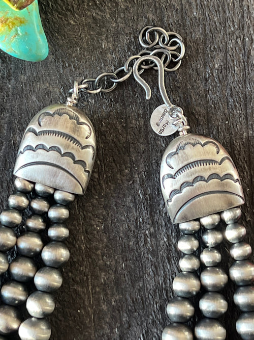 Navajo Handmade Triple Strand Sterling Silver, Spiny Oyster and Sonoran Mountain Bead Necklace by Rose Martin
