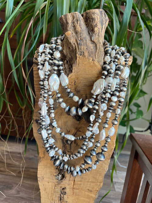 Navajo Sterling Silver and Freshwater Pearl Handmade Beaded Necklace by Rose Martin, 16 Inches