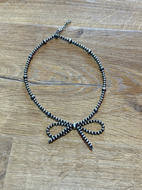 Sterling Silver Navajo Pearl Style Beaded Bow Tie Necklace 16-18 inches