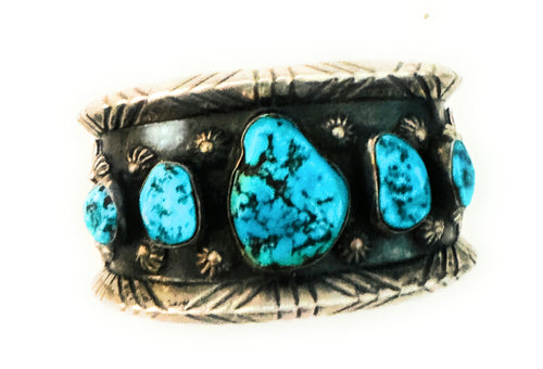 Old Pawn Navajo Sterling Silver & Kingman Turquoise Cuff Bracelet /