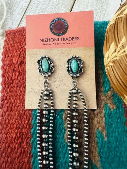 Navajo Turquoise & Sterling Silver Pearl Beaded Blossom Dangle Earrings