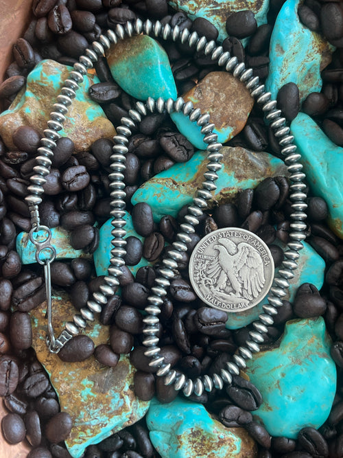 Vinita Cowboy Handcrafted 5.5mm Sterling Silver Navajo Saucer Pearls, 21 inches