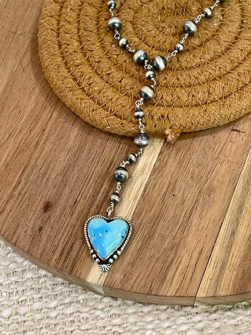 Gorgeous Handmade Sterling Silver & Golden Hills Turquoise Beaded Lariat Heart Necklace