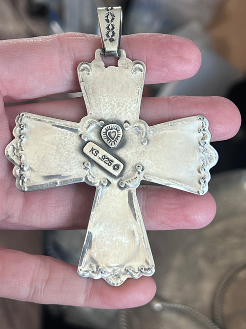Hand Stamped Sterling Silver, Egyptian Turquoise & Spiny Oyster Cross Pendant by Kimari Somers