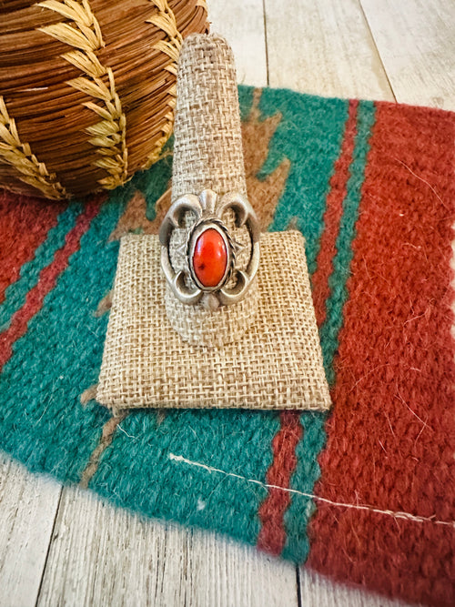 Old Pawn Navajo Sterling Silver & Coral Ring Size 10.5
