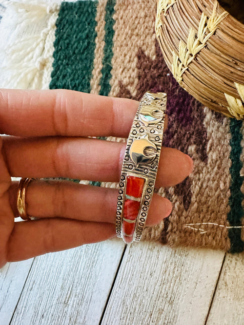 Old Pawn Navajo Sterling Silver & Spiny Inlay Bear Cuff Bracelet