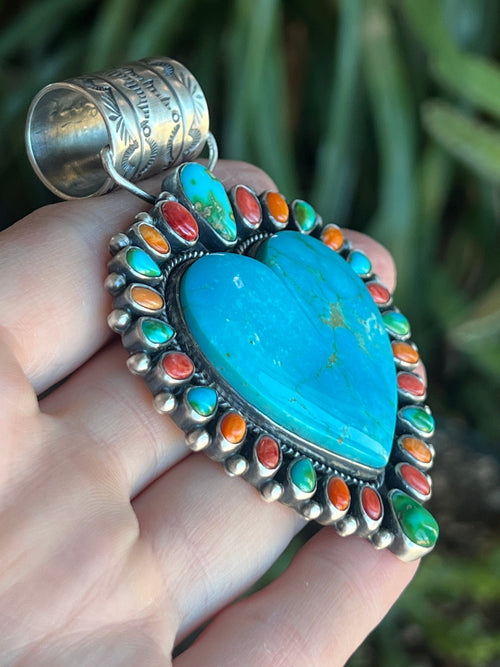 Color Burst Handcrafted Kingman Turquoise Heart Pendant w/ Spiny Oyster Shell and Sonoran Mountain Turquoise by Angela Martin