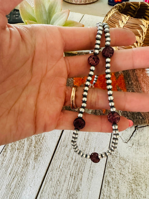 Handcrafted Purple Spiny & Sterling Silver Pearl Beaded 18” Necklace