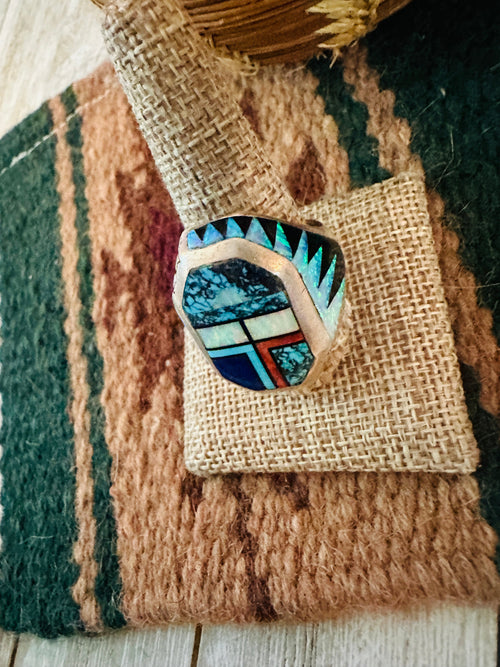 Handcrafted Old Pawn Multi Stone and Sterling Silver Inlay Ring Size 11