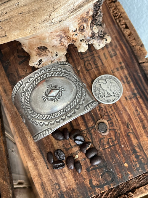 Hand Forged Old Pawn Sterling Silver Ingot Cuff Bracelet by Santa Fe Artist Buffalo, Concho Grande